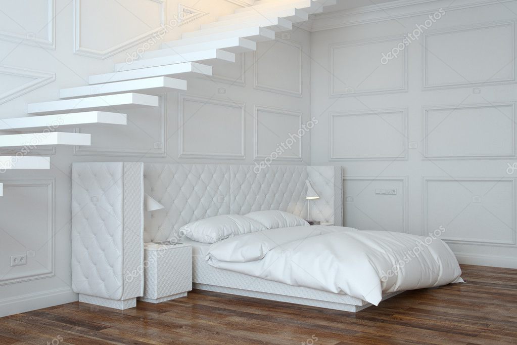 White Bedroom Interior With Stairs Perspective View