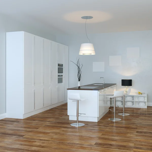 Cozinha high-tech de luxo branco com bar (vista prospectiva ) — Fotografia de Stock