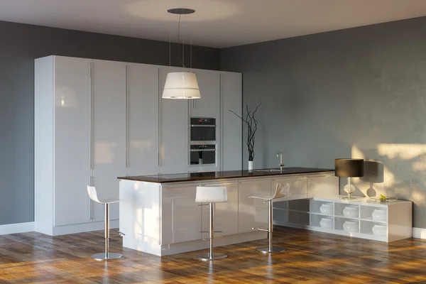 Luxus-High-Tech-Küche mit grauen Wänden und Bar — Stockfoto
