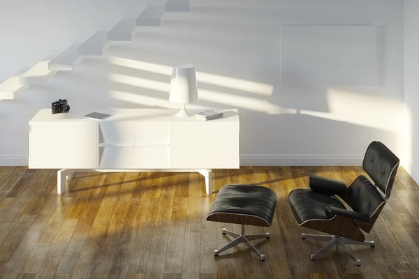 Chambre minimaliste blanche avec chaise longue noire — Photo