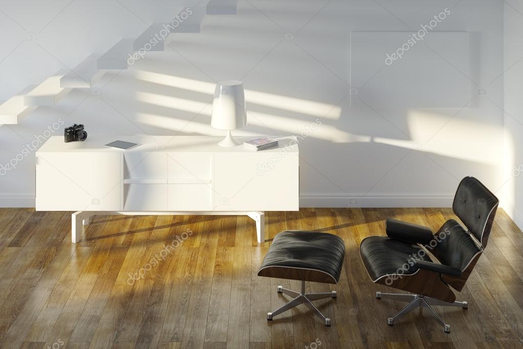 White Minimalistic Room With Black Lounge Chair