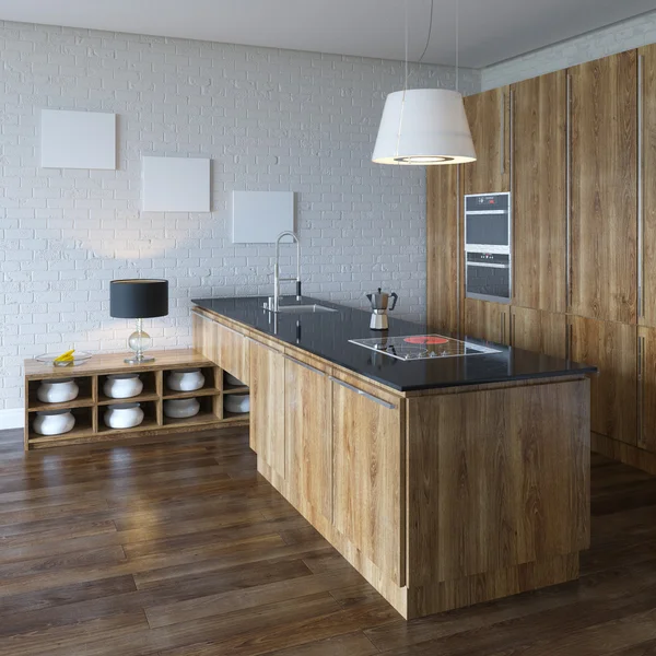 Luxe keuken kast (houten meubilair) perspectief weergave — Stockfoto