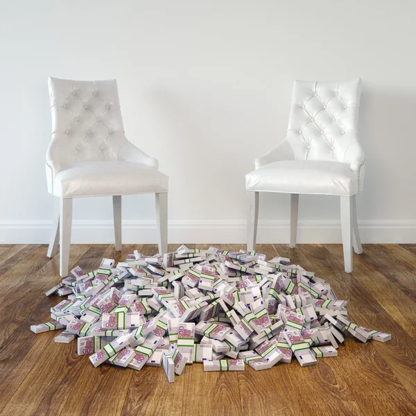 Habitación Interior con sillas de cuero blanco y dinero en piso de madera — Foto de Stock