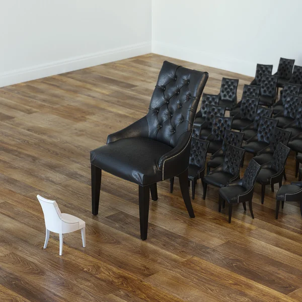 Konzeptbild vieler schwarzer Lederstühle und weißer Stühle — Stockfoto