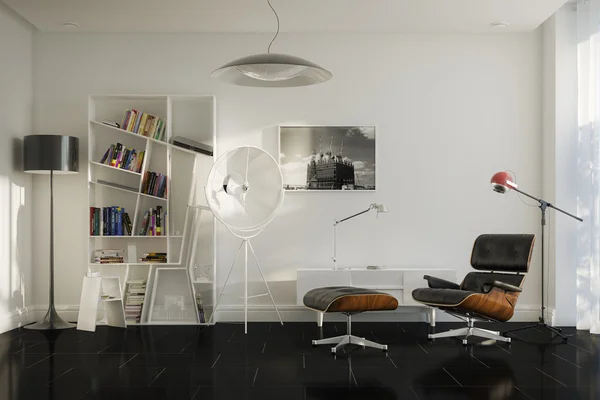 Casa detalhes de descanso com cadeira de salão e lâmpadas elegantes — Fotografia de Stock