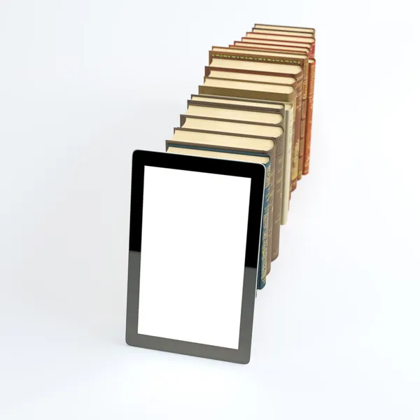 Buchreihe mit Touchpad auf dem Kopf (technisches und elektronisches Konzept) 2d-Version — Stockfoto