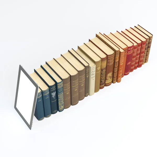 Serie van boeken met touchpad op het hoofd (technische en elektronische concept) 1ste versie — Stockfoto