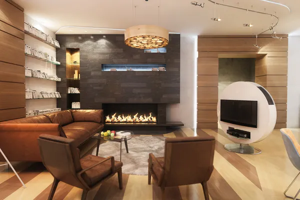 Woonkamer met gezellige open haard en leren bank — stockfoto ... Openhaard fireplaces woonkamer