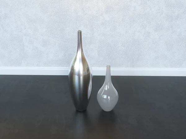 Декоративные стеклянные вазы на деревянном полу — стоковое фото