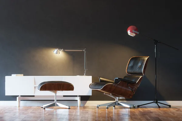 Zwarte gezellige lederen fauteuil in moderne interieur 1ste versie — Stockfoto