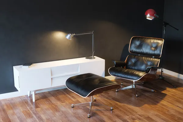 Negro acogedor sillón de cuero en el interior moderno de la versión 3d — Foto de Stock