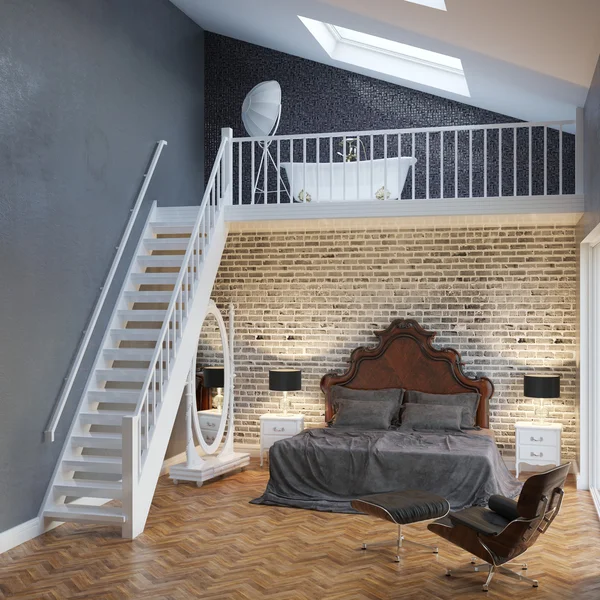 Interior de dormitorio grande con escaleras y muebles vintage — Foto de Stock