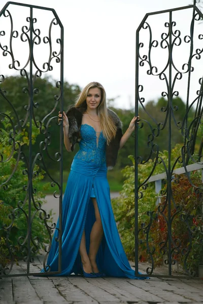 Menina loira bonita de pé na ponte no parque . — Fotografia de Stock