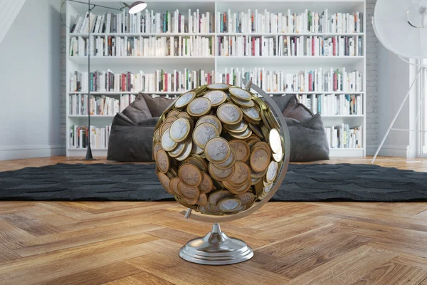 The Coins Globe Standing In Office Interior With Many Books — Stock Photo, Image