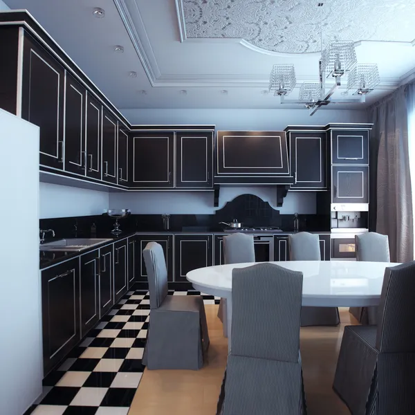 Black And White Kitchen Interior With Dining Area — Stock Photo, Image