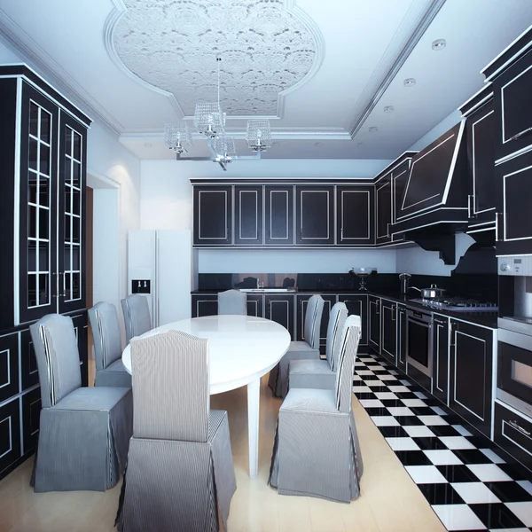 Interiér černá a bílá kuchyň s jídelním koutem — Stock fotografie