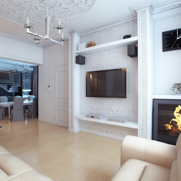 Diseño interior de la sala de estar con sofá de cuero blanco —  Fotos de Stock