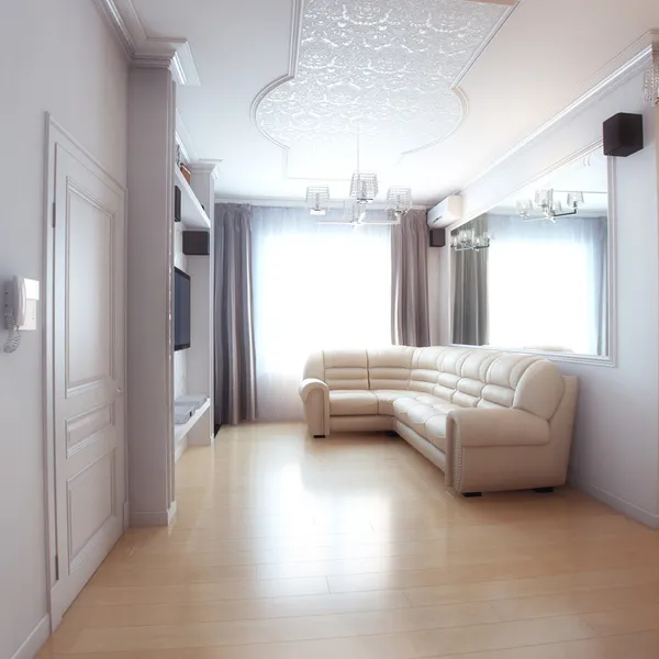 Diseño interior de la sala de estar con sofá de cuero blanco — Foto de Stock