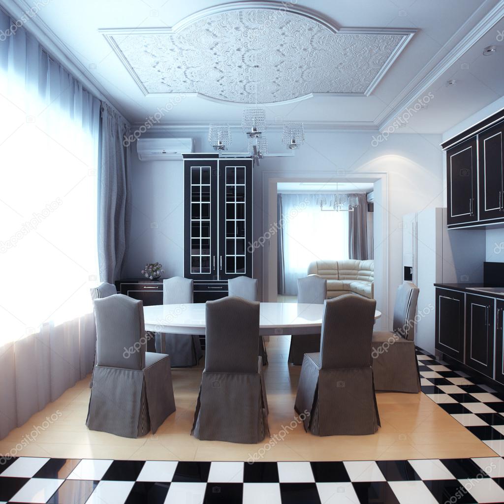 Black And White Kitchen Interior With Dining Area