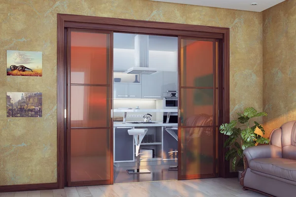 Moderní obývací pokoj s velkými dveřmi do kuchyně — Stock fotografie