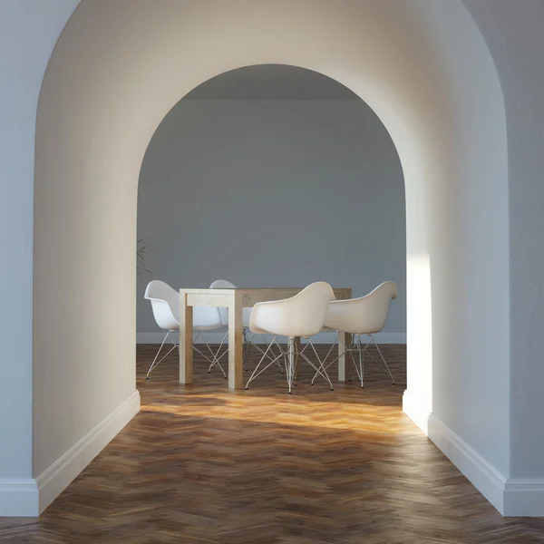 Sala de jantar em design de interiores minimalista com parquet — Fotografia de Stock