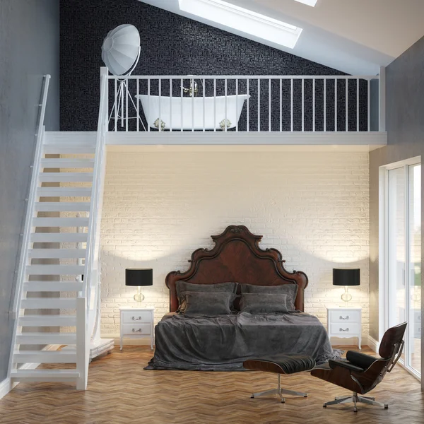 Loft sovrum vintage inredning med tegelvägg och badkar — Stockfoto