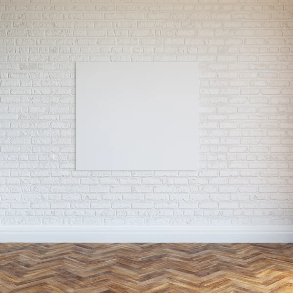 Diseño interior de pared de ladrillo blanco con marco en blanco —  Fotos de Stock