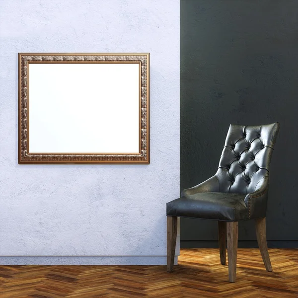 Chair with empty frame in blue minimalist interior — Stock Photo, Image