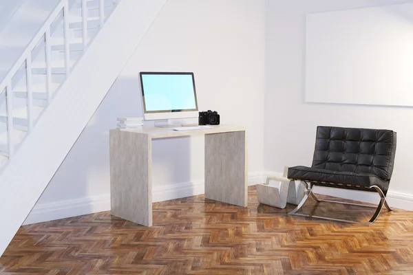 Inicio Interior del gabinete de trabajo con sillón negro y marco vacío — Foto de Stock