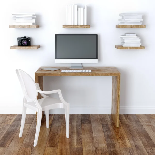 Design de interiores moderno Home Office com prateleiras vista frontal — Fotografia de Stock