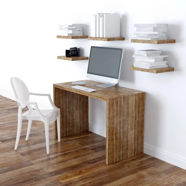 Design de interiores moderno Home Office com prateleiras Vista Perspectiva — Fotografia de Stock