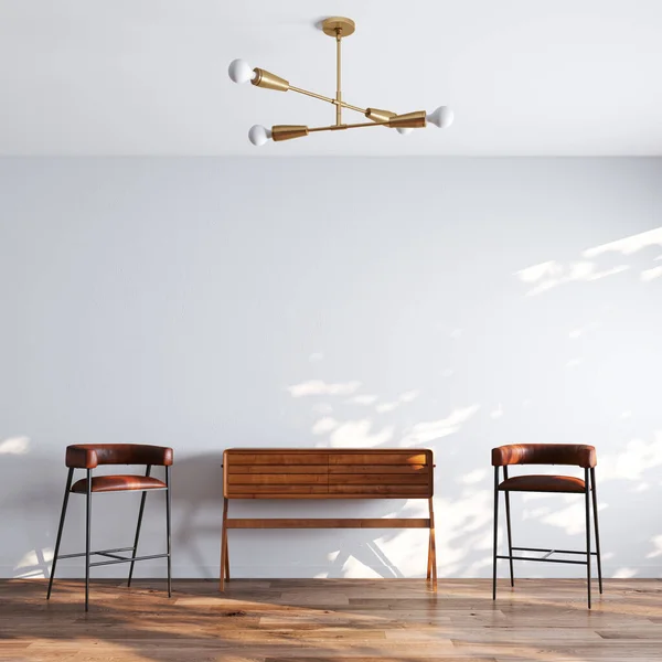 Intérieur Chambre Blanche Avec Chaise Vintage Commode Style Milieu Siècle — Photo