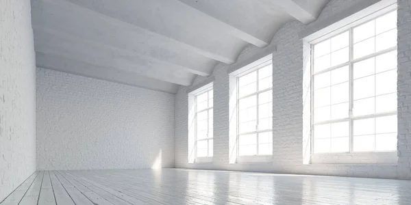 Witte Loft Zaalinterieur Met Frames Voor Tentoonstelling Panoramisch Rende — Stockfoto
