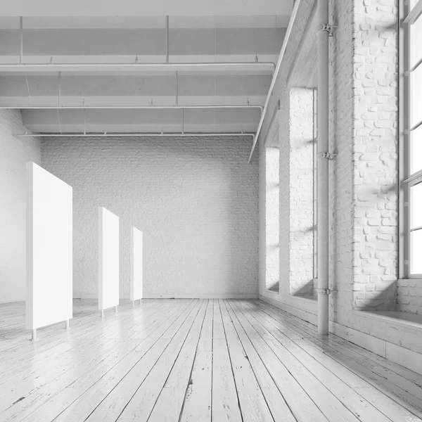 展示用フレームとホワイトロフトホールのインテリア3Dレンド — ストック写真