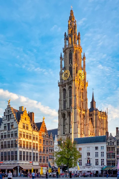位于比利时安特卫普的圣母座堂钟楼的 大市场广场 Grote Markt — 图库照片