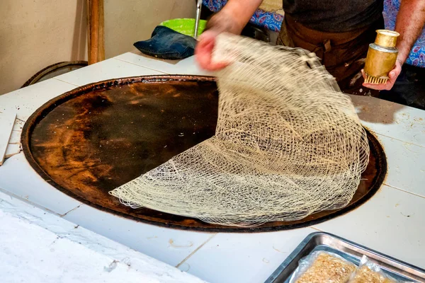 Man Prepares Dough Guba Bukmasi Traditional Sweet Quba Region Azerbaijan — стоковое фото