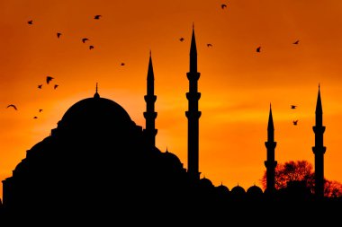 Günbatımında Fatih, İstanbul, Türkiye 'de Süleyman Camii' nin Silueti