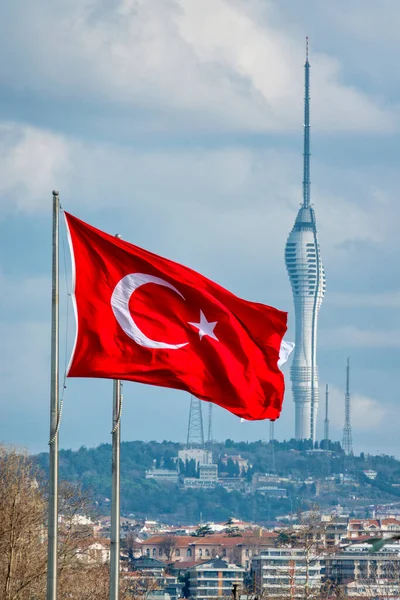 Turkish Flag Radio Tower Background Istanbul Turkey — Stockfoto