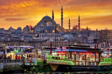 Fatih district with the Suleymaniye Mosque and the Eminonu square with traditional boats selling the traditional Balik Ekmek (a grilled fish sandwich), Istanbul, Turkey