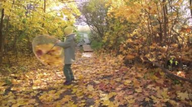 Sonbahar yapraklarıyla dans eden kız. Sonbahar elbiseli bir çocuk sarı yaprakların arasında şeffaf bir şemsiyeyle dans ediyor. Şemsiyede birçok yaprak var.