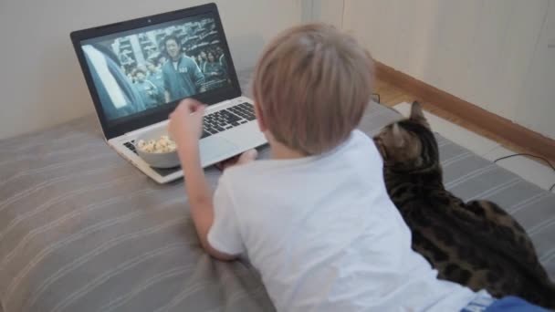 Fryazino, Gebiet Moskau, Russland - 24. Oktober 2021: Netflix-Serie auf Laptop-Bildschirm. Die Serie Squid Spiel. Ein Kind schaut eine Fernsehserie und isst Popcorn. Die Katze liegt in der Nähe, heimatliche Umgebung — Stockvideo