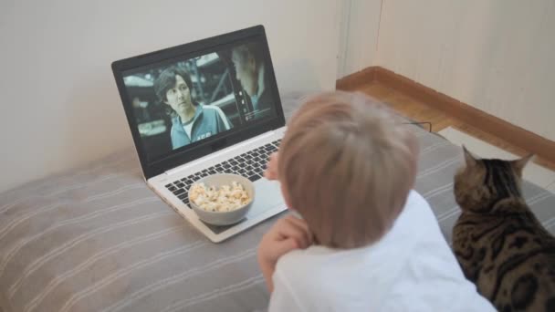Fryazino, Moscow region, Russia - October 24, 2021: Netflix series on laptop screen. The series Squid game . A child watches a TV series and eats popcorn. The cat lies nearby, home environment — Stock Video