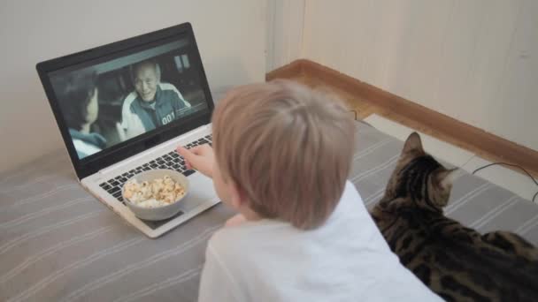 Fryazino, região de Moscou, Rússia - 24 de outubro de 2021: série Netflix na tela do laptop. A série Squid jogo. Uma criança assiste a uma série de TV e come pipocas. O gato fica nas proximidades, ambiente doméstico — Vídeo de Stock