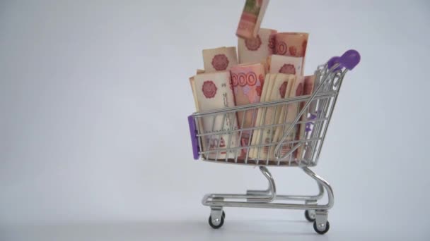 Bevásárlókosár orosz rubelekkel. Ötezer rubelt tartalmazó számlák. A kéz több pénzt ad a kosárhoz. Felhalmozási és megtakarítási koncepció. Vásárlási koncepció. — Stock videók