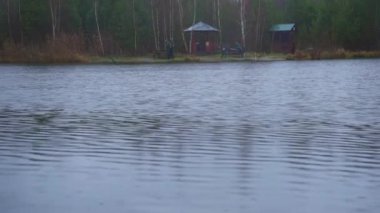 Sonbahar gölü manzarası. Suda küçük dalgalar akıyor. Su dalgalanmaları. Hafif yağmur yağıyor..