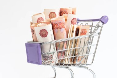 Alışveriş sepetinde faturalar var. Rus rublesi. Rus beşbininci banknotları. Kavram. Azami mezhep