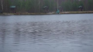 Sonbahar gölü manzarası. Suda küçük dalgalar akıyor. Su dalgalanmaları. Hafif yağmur yağıyor..