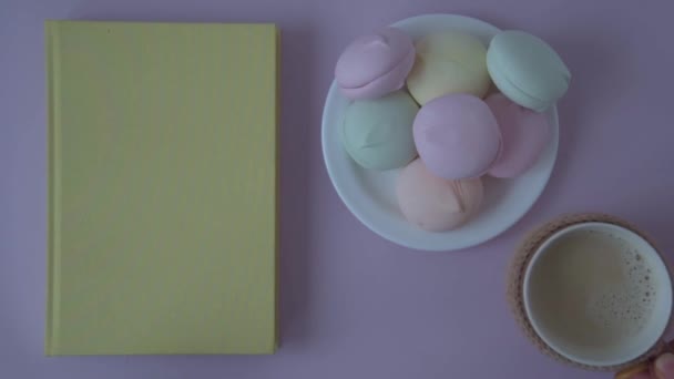 Bella immagine dall'alto. Sul piatto ci sono marshmallow multicolori. Una mano di donna prepara una tazza di cacao. Comfort e calore. — Video Stock