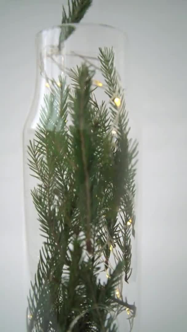 Spruce branches and a garland are placed in a transparent jar. The effect of magic and fairy tales. Christmas decoration. — Stockvideo