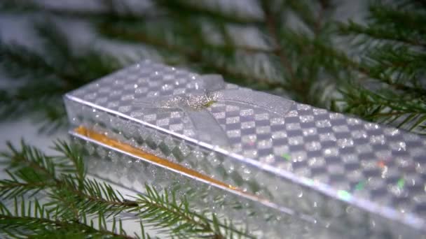 A silvery box glitters surrounded by Christmas tree branches. Box with a Christmas gift. A warm yellow light is visible from the box. Christmas background, wallpaper. — Stockvideo